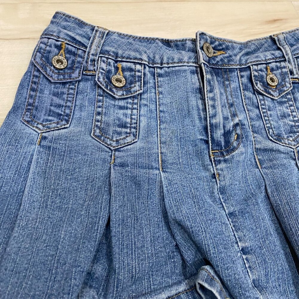 Angels Denim Pleated Mini Skirt Size 7 Y2K Low Rise Button Detail - Picture 2 of 10